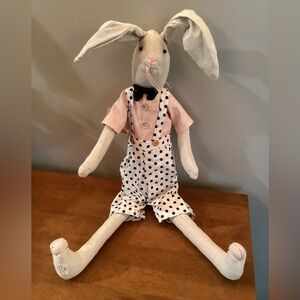 SOLD!Vintage Fabric Bunny Sculpture in Overalls